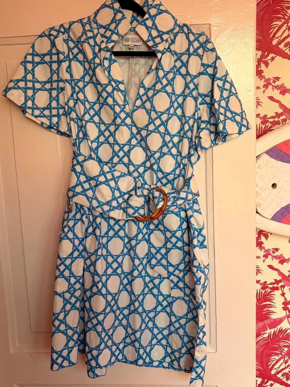 glam Blue and White Lattice Wrap Dress with Tortoiseshell Buckle Accent